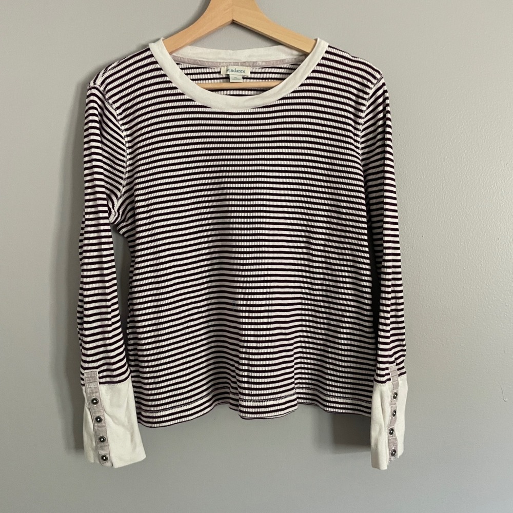 Sundance Thermal Top Womens PL Purple Striped Waffle Knit Velvet Button Boho